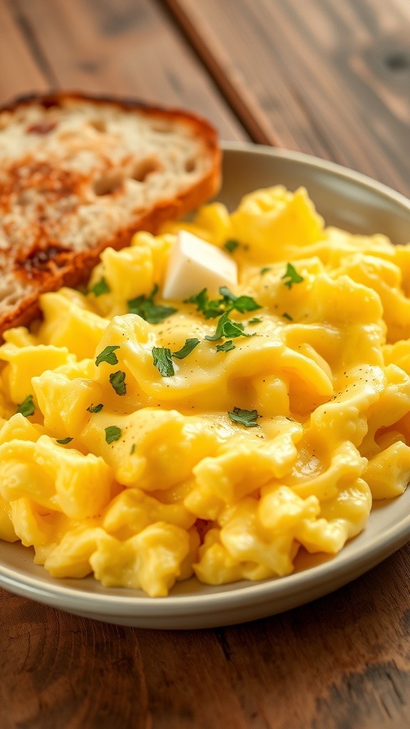 Fluffy scrambled eggs garnished with herbs on a plate, with toasted bread on the side.